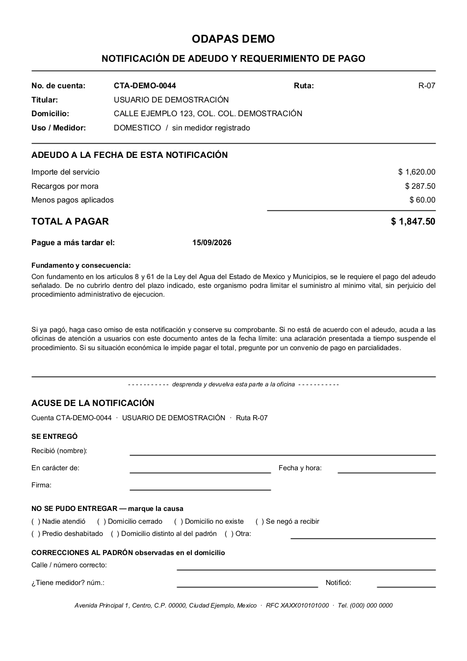 Notificación de adeudo y requerimiento de pago con acuse desprendible
